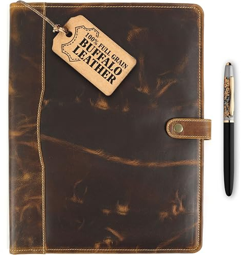 Leather Portfolio, Leather Binder with Pen, Resume Organizer & Padfolio for Men and Women | Business Portfolio with Card Holder & Document Organizer (Antique Brown)