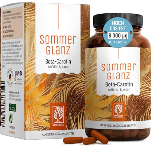 Beta Carotin Kapseln hochdosiert - 8.000 µg -Natürliches Strahlen - von innen nach außen - 90 Tagesvorrat - NATURTREU Komplex mit Biotin, Vitamin C & Kupfer - Vegan