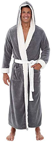 Men's Terry Towelling Bathrobe with Hood Dressing Gown Absorbent Sauna Gown Classic Long Sleeve Robe with Belt Loops and Patch Pockets Terry Bathrobe Long Warm Hooded Towel, gray, M