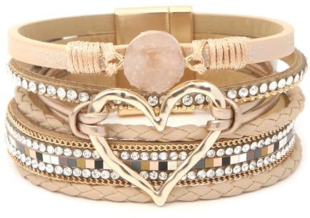 Boho Leather Bracelets for Women,Jewelry Heart Leather Wrap Bracelets,Yellow Multilayer Clasp Cuff Bangle,Handmade Braided Boho Multilayer Magnetic Buckle Bracelet for Women Gifts Birthday Presents