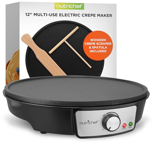 Nutrichef Electric Crepe Maker Pan & Griddle - 12 Inch Nonstick Cooktop, LED Indicators & Adjustable Temperature Control, Includes Spatula, Batter Spreader, Cooks Crepes, Roti & Pancakes