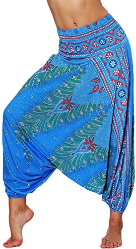 Nuofengkudu Mujer Pantalones Sueltos Hippi Tailandeses Estampado Verano Cintura Alta Elastica Entrepierna Baja para Yoga Casual Azul Pavo