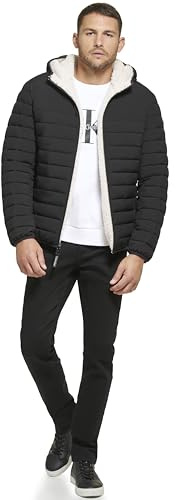 Calvin Klein Men's Mid-Weight Sherpa Lined Puffer Jacket, Sherpa Lined, Ebony, Medium