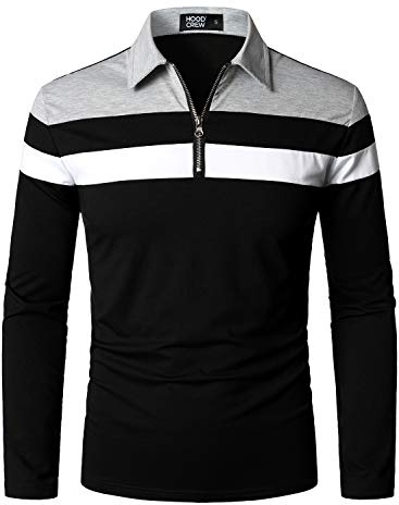 HOOD CREW Mens Casual Long Sleeve Polo Shirts Contrast Color Patchwork Cotton Tee Tops Black