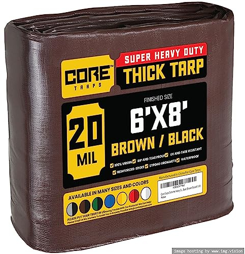 Core Tarp - Tarpaulin Waterproof Heavy Duty(305 g/m²|6′ X 8′ | 1.85m X 2.45m|Brown/Black-20 Mil) UV Resistant, Tear Proof, Protective Poly Tarpaulin with Reinforced Edges for Multi-purpose usage