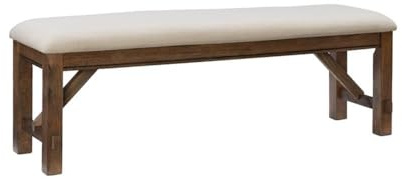 Pemberly Row 60 Wood/Fabric Bench, Rustic Umber Brown Finish, Tan Upholstered Seat, Durable Rubberwood Construction, Transitional Style Bench for Dining Room or Entryway Seating