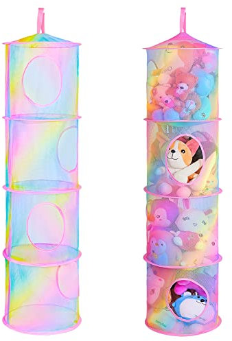 Beinou 2Stk Kuscheltier Aufbewahrung Hängend Korb Faltbar Hängeaufbewahrung Hängeregal Hängeorganizer Bad Spielzeug Mesh Organizer Netz Aufbewahrungsbeutel kinderzimmer kleiderschrank Deko, 4 Fächern