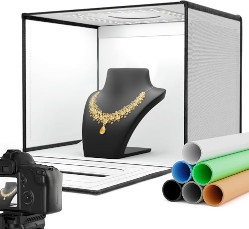 RALENO Caja de luz de estudio fotográfico de 16 x 12 x 12 pulgadas, caja de luz portátil mejorada, kit de tienda de campaña de tiro (CRI>95 | 112 LED | 24 W brillo ajustable | 6 telones de fondo) para