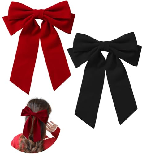 ZEVONDA Pack of 2 Big Bow Hair Clips - Solid Color Velvet Large Bowknot Hairpin Hair Clip with Long Tail Hair Barrettes Accessories for Girls Women, Black + Wine Red