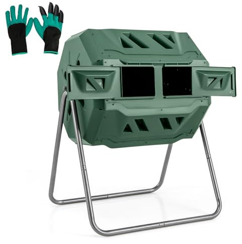 COSTWAY Compostiera da Giardino 160 L, Bidone per Compostaggio a Doppia Vasca con 2 Porte Scorrevoli e Telaio Metallico Robusto, Compostiera Rotante da Esterno a 360°Senza BPA (Verde)