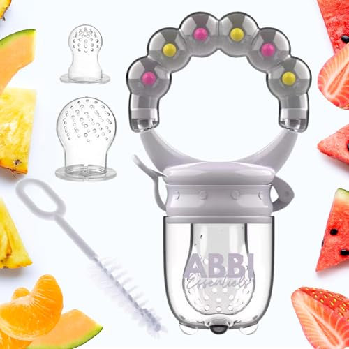 Fruchtsauger baby BPA-frei | Komplettset 1 Knabberer lila + 3 Schnuller [3 Größen] + Reinigungsbürste | ab 4 Monaten gemischte Farben | Diversifizierung Geschenk Baby Beißring Schnuller 1. Alter