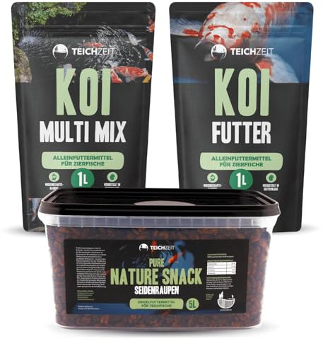 Koi Fish - Juego de alimento para peces para un crecimiento óptimo y colores brillantes para Koi, 1 alimento Koi para estanque, 1 estanque Multi Mix y 1 gusano de seda Pure Nature Snacks