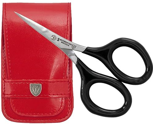 DREI SCHWERTER - Stickschere, Bastelschere, Nähschere. Fadenschere für Basteln, Handarbeit, Nähen und Haushalt, extra spitz und scharf - mit gummierten Griffen für sicheren Halt, im Etui schwarz/rot