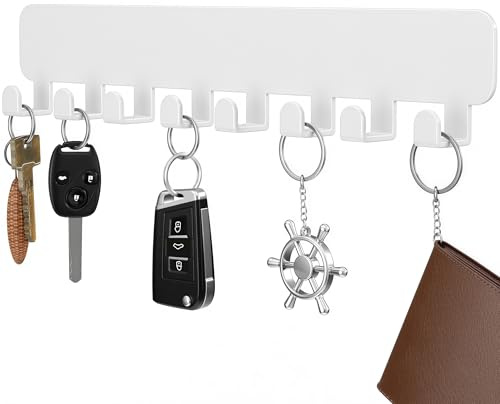 pickpiff White Key Holder for Wall Adhesive, Key Hooks with 8 Hooks Wall Mounted, Black Key Hangers for Wall Decor No Drill for Living Room, Kitchen, Office