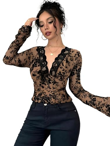 SUIUOI Blusa para mujer, cuello en V, manga larga, con borde ondulado, manga de encaje, estilo túnica informal