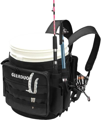GeerDuo Fishing Bucket Backpack with Rod & Plier Holder and Pockets for Fishing, Hunting, Apple Picking for 5 Gallon Bucket (Black)