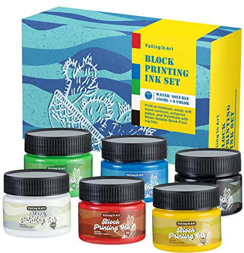 COOZEE Inchiostro idrosolubile per stampa a blocchi, set di inchiostri per stampa a 6 colori per blocco di linoleum, 100 ml