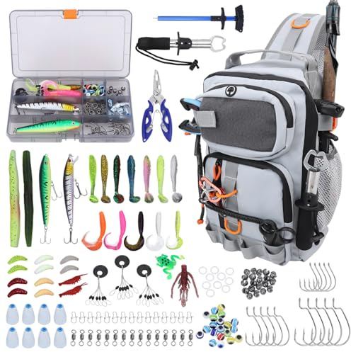 Fishing Backpack with Tackle Boxes,Waterproof Fishing Shoulder Bag with Rod Holder,Fish Bag with 136 Pcs Fishing Lures Kit,Fish Hook Remover Tool,Fish Lip Gripper,Fishing Plier,Gifts for Men (Gray)