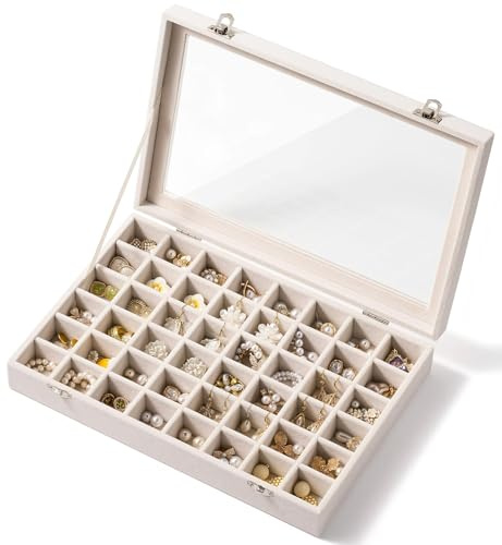 Josmimic 48 Grid Earring Organizer and Storage: Velvet Jewelry Tray with Lid, Jewelry Box for Studs, Earrings, Rings, Necklaces, Dresser & Vanity, Earrings Case for Girls, Women, 13x8.6x2.4, Beige