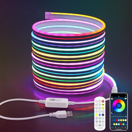 Aclorol USB RGB Neon Rope Lights 5M 5V Addressable LED Strip with Remote | Outdoor LED Strip Lights Waterproof IP65, Music Sync, Fleixble LED Lights for Bedroom Gaming Room Outdoor Party DIY Lighting