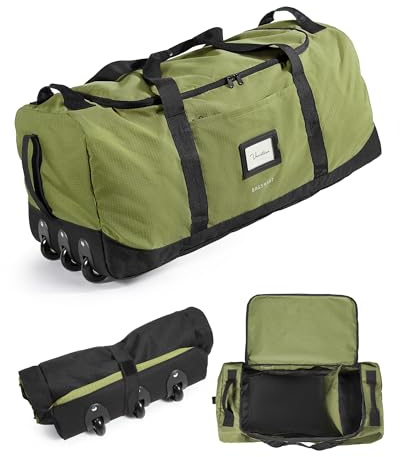 BAGSMART Sac de voyage pliable avec roulettes, 80 l, léger, 3 rouleaux, grand sac de voyage pour homme et femme, peut être enroulé et rangé, Vert algue