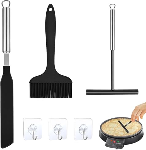 3 Piezas Utensilios para Hacer Crepes, Espátula para Crepe y Esparcidor, Silicona Cepillo de Cocina con 3 Ganchos Adhesivos, Distribuidor de Crepes para Hacer Tortitas y Repostería Casera