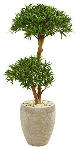 Nearly Natural 44-in. Bonsai Styled Podocarpus Artificial Sand Colored Planter Silk Trees, Green