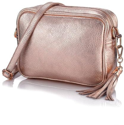 LeahWard Women's Real Leather Cross Body Bags Small Tassel Party Wedding Holiday Handbags J165 (Rose Gold)