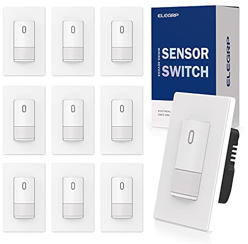 ELEGRP Occupancy Motion Sensor Light Switch, PIR Infrared Motion Activated Wall Switch, No Neutral Wire, Single Pole for CFL/LED/Incandescent Bulb, with Wall Plate, UL Listed (10 Pack, Matte White)