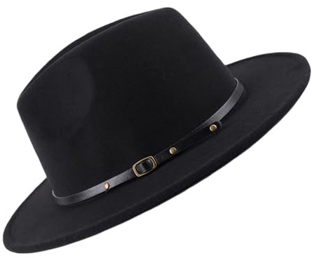 Happyupcity Unisex Womens Mens Adjustable Classic Wide Brim Belt Buckle Fedora Hat Felt Panama Hat Church Jazz Cap Black