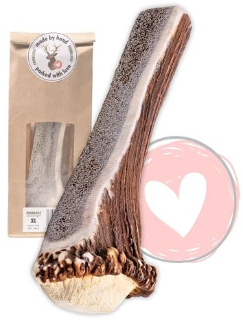 FOURLEGS® natürlicher Kausnack für Hunde aus 100% Hirschgeweih - Mineralstoffe, Kauspielzeug, Kaustange, Wildgeschmack, Geweih, Knochen, Hirsch, Kauartikel - Größe M halbiert