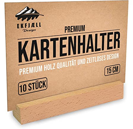 EKFJAELL Kartenhalter Holz 15 cm natur aus massivem Buchenholz (10er-Set), schwer & stabil - als Fotohalter, Postkartenständer, Menükartenhalter, Tischkartenhalter als Hochzeitsdeko uvm.
