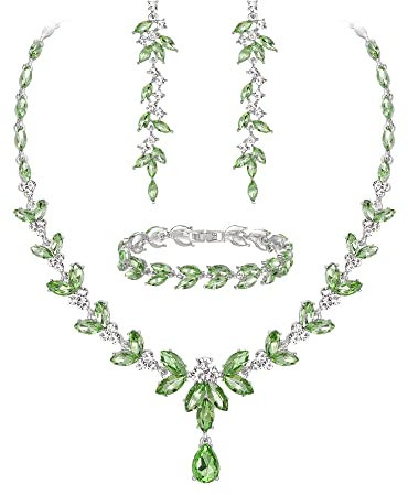 EVER FAITH Schmuckset Österreichisches Kristall Braut Schmuck-Set, Elegante Marquise Strass Blatt Halskette mit baumelnden Ohrringen Tennis-Armband-Set, Hell Grün Silber-Tone