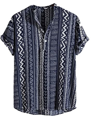 Hombres Vintage Camisa Estilo étnico Africano Camisas de Manga Corta Moda Traditional Patrón Impreso T Shirt Verano Regular Botón Casual Playa Blusa Top