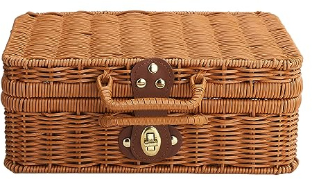 BEIJIALY Panier de Pique-Nique en Osier, Panier de Rangement pour Valise en Rotin Panier en Osier Tissé Vintage Valise Panier de Rangement Tissé Prop Box Panier Cadeau pour Camping Mariage(M)