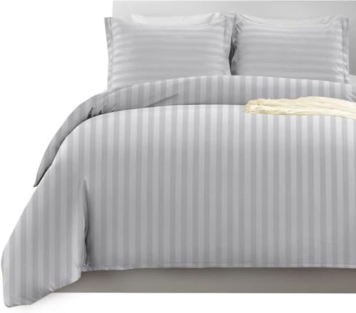 Imperial Rooms påslakanset – ränder satin, påslakan sängkläder set med örngott, vändbara ultramjuka allergivänliga mikrofiber sängöverdrag (silver, dubbel)
