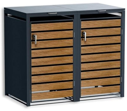 Metzler® Mülltonnenbox 2er anthrazit holzoptik mit Automatikdeckel und abschließbarer Tür RAL7016 wetterfest rostfrei pulverbeschichtet Stahl für 2x240L Tonnen platzsparend pflegeleicht gartenbox