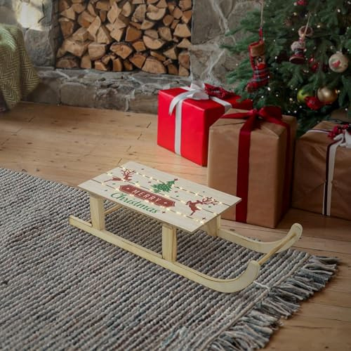 ECD Germany Slitta Decorativa a LED 60x21x13,5 cm in Legno 60 LED Bianco Caldo, Marrone, a Batteria, Timer, Decorazione Natalizia per Finestre, Accessorio Festivo, Ornamento Albero di Natale