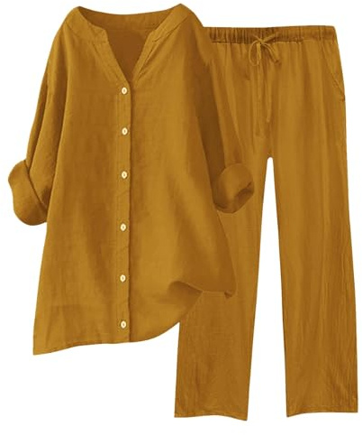 HOOUDO Womens Lounge Wear Sets Cotton Linen Ladies Tracksuit Set 2 Piece Summer Outfits Co Ord Sets Long Sleeve Blouses Tops and Wide Leg Trousers Casual Solid Loungewear Activewear with Pockets