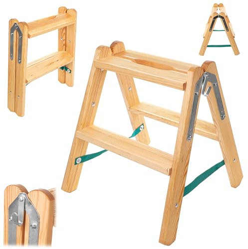 KADAX Escalera de madera plegable con 2 peldaños, para el hogar y trabajos de pintura, escalera robusta y compacta