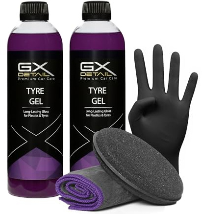 GxDetail Gel Abrillantador de Neumáticos y Plásticos Exteriores para Coche 1 Litro – Brillo Duradero y Protección UV – Acabado Brillo sin Residuos Grasos – Fórmula de Larga Duración.