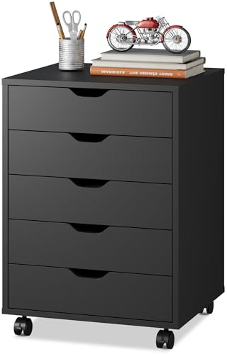 DEVAISE Rollcontainer mit 5 Schubladen, Mobiler Aktenschrank mit Rollen, Schreibtisch Unterschrank für Büro und Home Office, Schwarz