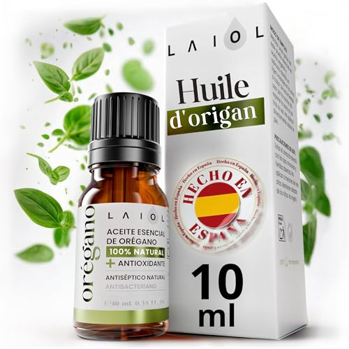 LAIOL Aceite de Orégano 10 ml - Puro 100% Natural con Carvacrol - Aceite Esencial de Orégano Líquido y Orgánico - Uso Alimentario y Terapéutico - Gotas Concentradas para Bienestar, Defensa y Cuidado