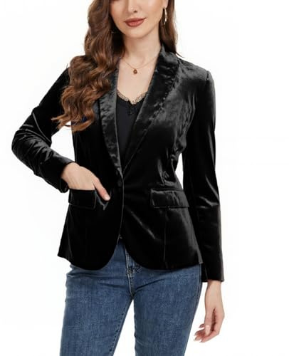 Ellunis Women's Long Sleeve Velvet Jacket Button Open Front Shawl Collar Outerwear Coat Blazers Black