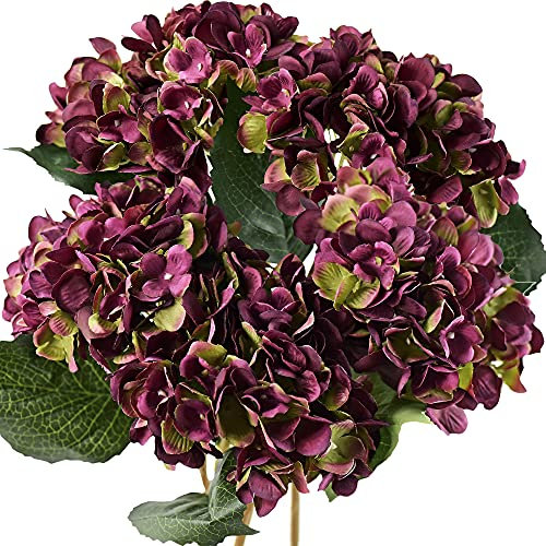 FiveSeasonStuff 5 Stems Silk Artificial Hydrangea Flowers, ‘’Life-Size’’ Dark Purple Bouquet, Floral Arrangement, Floral Arrangement Decoration 47cm