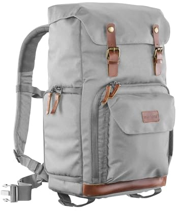 Mantona Luis Retro Zaino fotografico grigio, per fotocamera con copertura antipioggia, borsa fotografica con scomparto per laptop, DSLR, 3 obiettivi e accessori fotografici