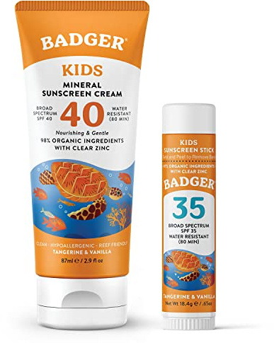 Badger Kids Mineral Sunscreen Combo, SPF 40 Cream + SPF 35 Kids Face Stick, Organic Sunscreens w/Mineral Zinc Oxide, Water Resistant, Reef Safe Broad Spectrum, Tangerine & Vanilla Scent, 2-Count