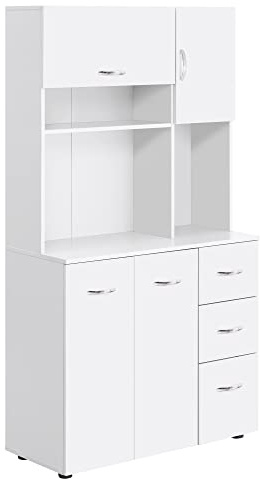 HOMCOM 66 Buffet with Hutch, Freestanding Kitchen Pantry with 2 Large Cabinets, 1 Pull Up Cabinet, 3 Drawers & Wide Countertop, White