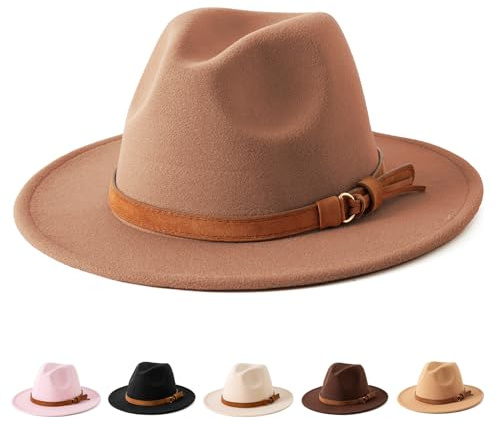 Jastore Kids Girls Boys Classic Wide Brim Bowknot Floppy Fedora Hat Wool Felt Bowler Cap (D-Khaki, 5-10 Years)