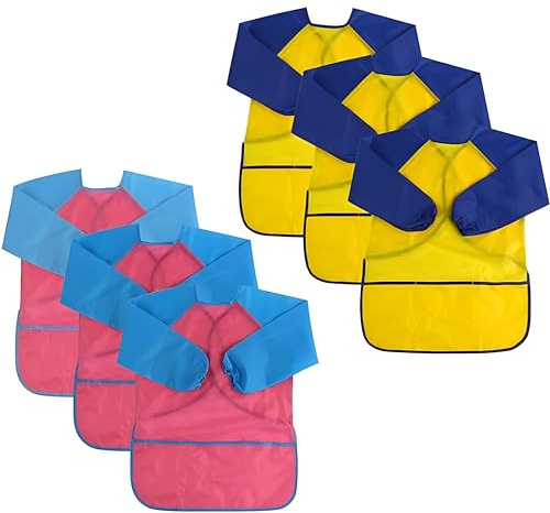 DIYASY 6 Pack Kids Painting Apron, Waterproof Children Toddler Art Smock with Long Sleeves and 3 Roomy Pockets, Age 2-5 Years Boys and Girls Play Apron for Painting, Cooking, Baking (Yellow+Pink)